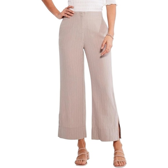 NIC+ZOE Linen-Blend Central Park Wide Leg Ankle Pant Casual Tan White Striped 6 - Picture 1 of 9